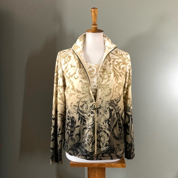 Sportelle Sweaters - Sportelle Gold Scrolling over Ivory Dark Olive Ombre Embellish 2 Pc Cardigan Set